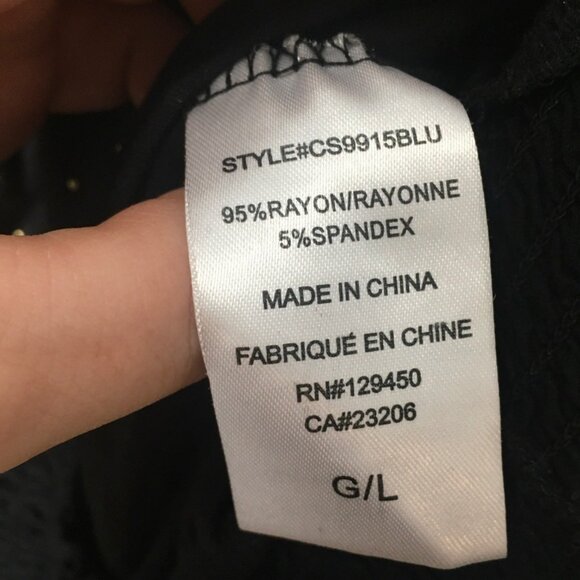 Shirt Women Large Black Gold Polka Dot Smocked Hem Stretch Como Blu - Picture 7 of 7